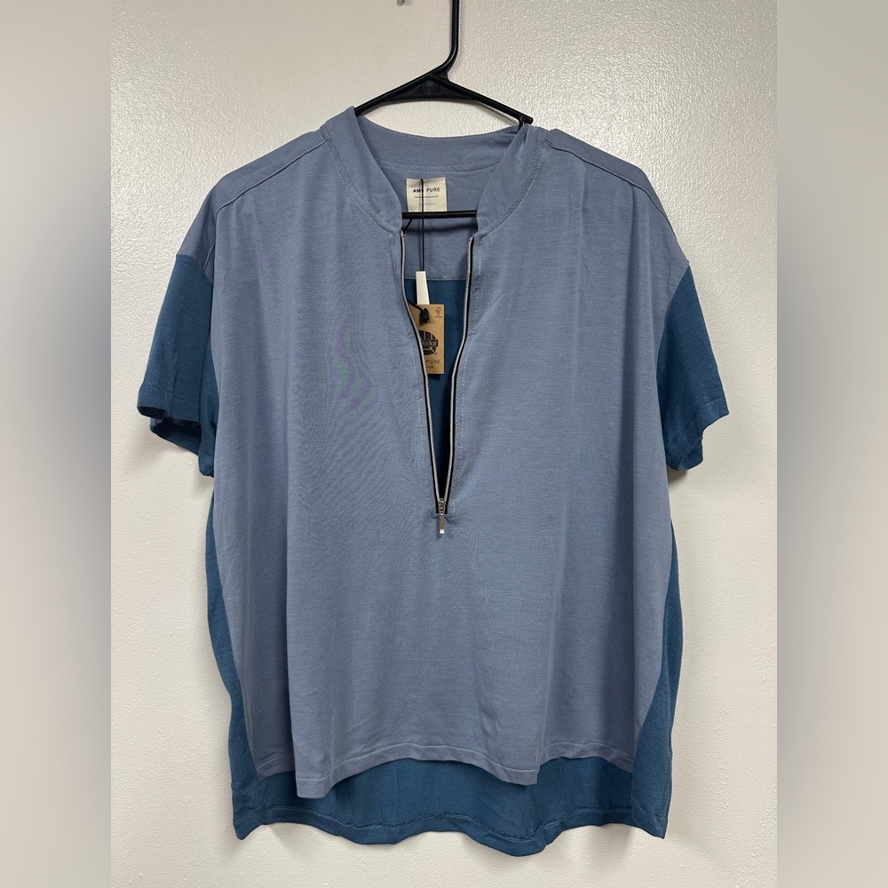 AldoMartins AMS Pure Bamboo Cotton Men's Blue Half-Zip Knit T-Shirt